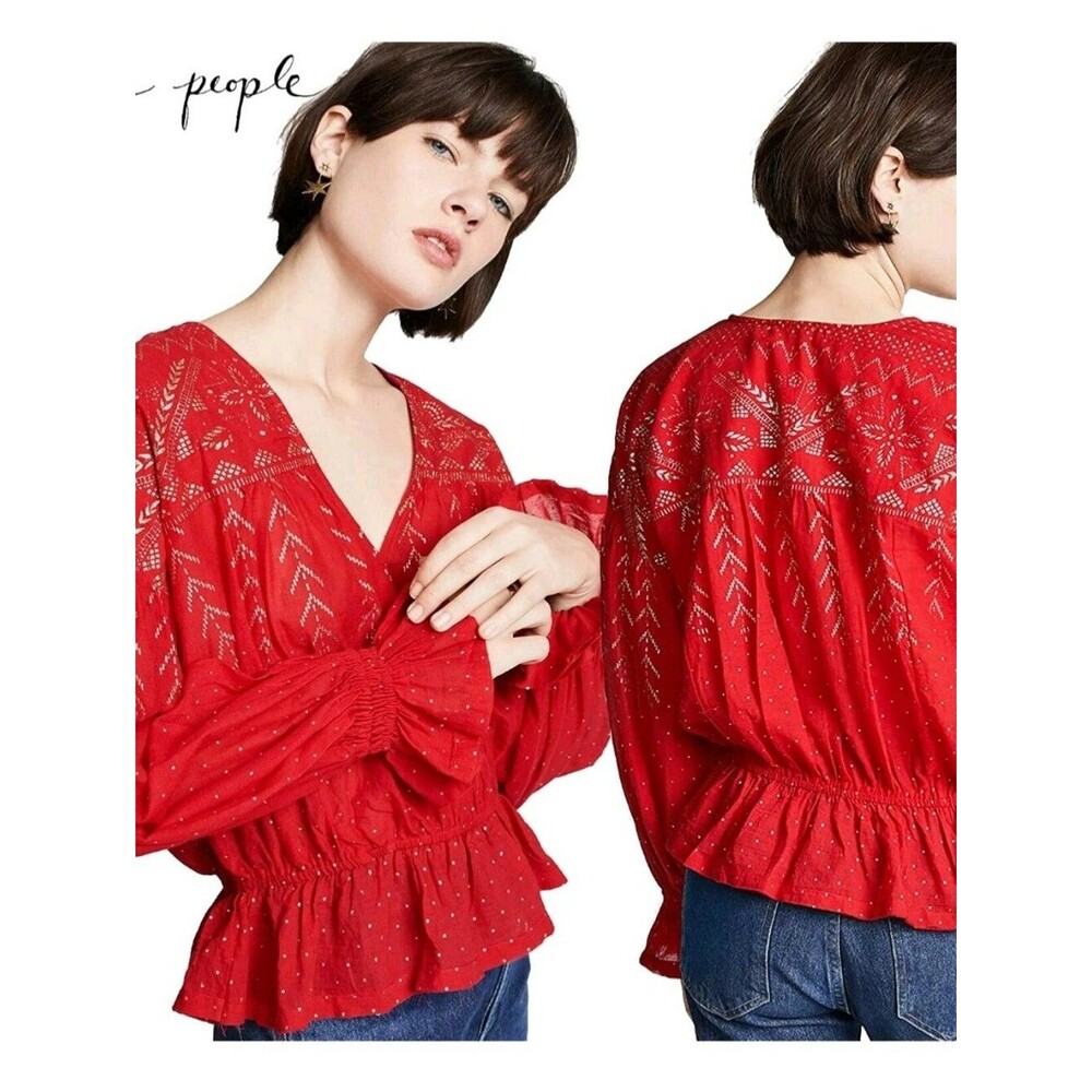 FREE PEOPLE Counting Stars Red Cotton Blouse In Small Peasant Peplum Boho Top